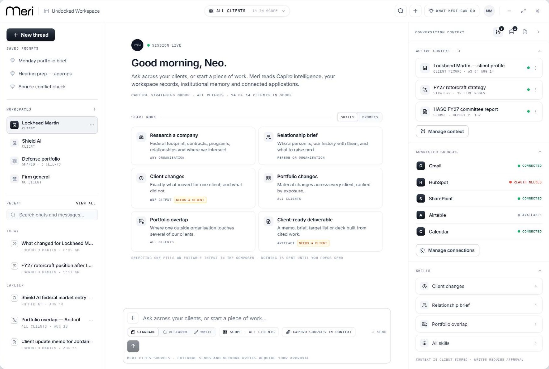 Meri's undocked workspace: skills and prompts above the composer, with conversation context and connected sources beside it