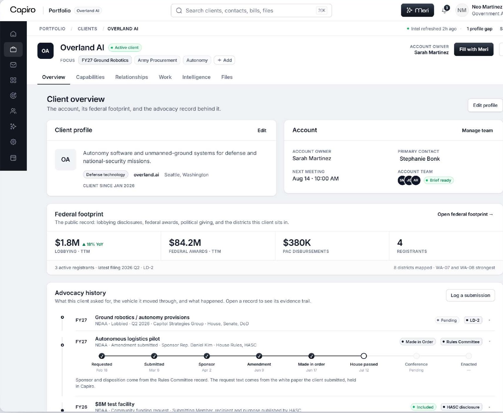 A client record: profile and account team, the federal footprint as reported, and the advocacy history as a pipeline