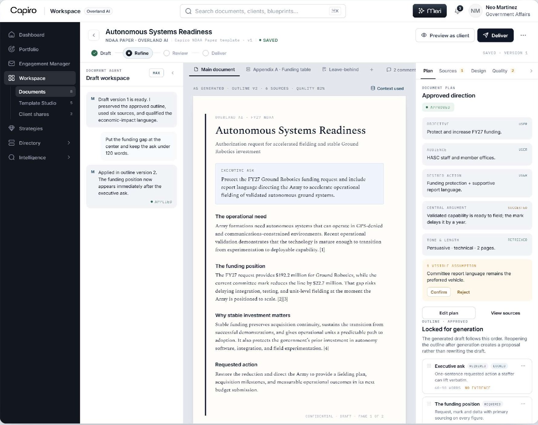 The document editor: agent revisions on the left, the client paper in the middle, and the approved direction, assumptions and evidence on the right